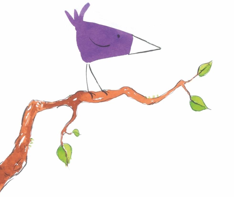 An illustrated bird character sitting on a branch, looking at the page content.