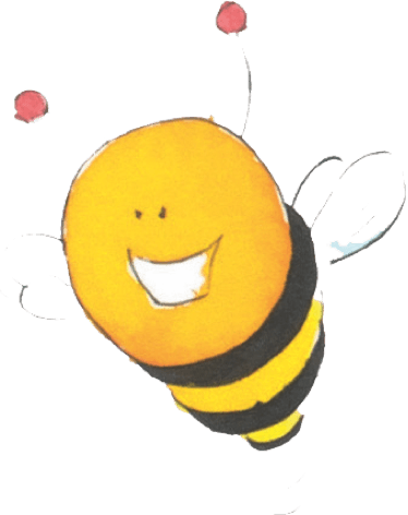 An illustrated bee character smiling
