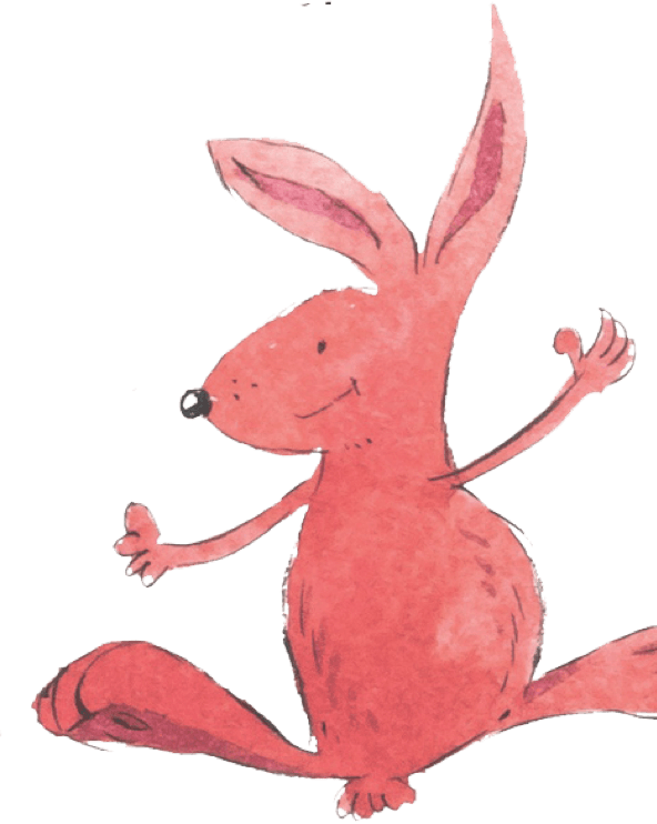 An illustrated rabbit character jumping in the air