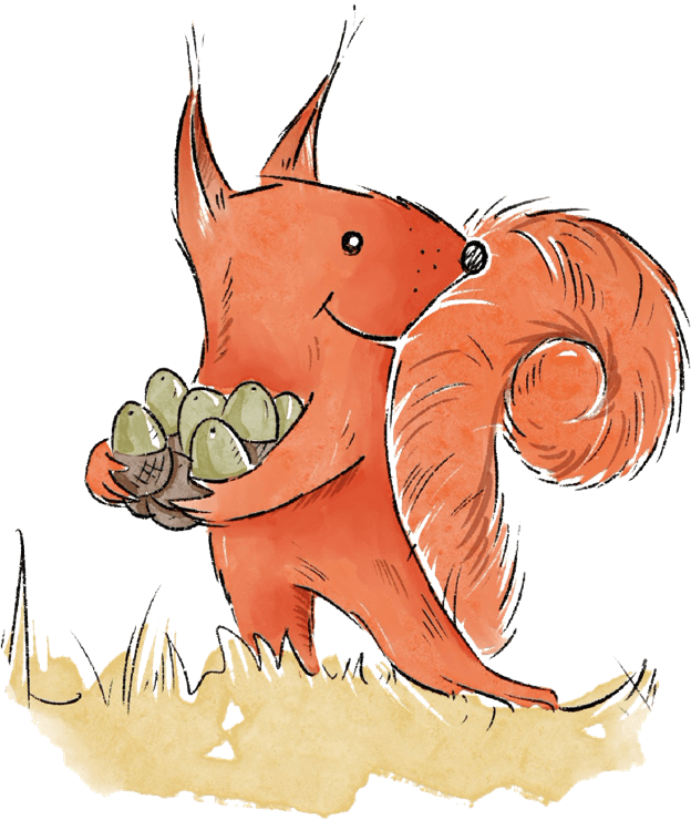 An illustrated squirrel character holding a pile of acorns